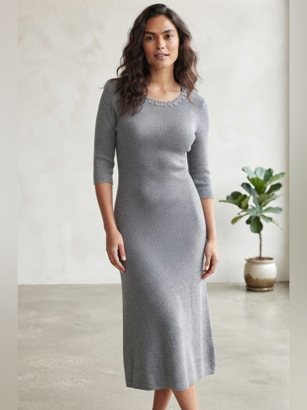 Women's Gray Knit Midi Dress